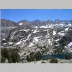 Pt. 13,280 ft Mount Thompson (13,494 ft) in center; square top Pt. 13,000 ft right (Brian saw a monkey face in square top) panorama SE to S; above Midnight Lake from 11,200'