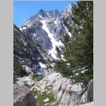 first view of Hungry Packer Lake (11,071 ft) Clyde Spires in background at Hungry Packer Lake (11,071')