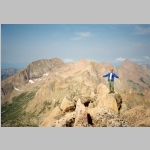 Needle Mountains from summit of Sunlight with Ted! Mt Eolus, North Eolus, Turrent Peak, Pigeon Peak