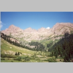 View northeast from Base Camp Animas. Peak 18 (13472 ft), Windom Peak (14082 ft), Jupiter Mtn (13830 ft)