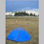 my tent at North Twin Lakes camp - Rock Creek Knoll (11,125') in background;