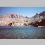 View northeast at Hall's lake. Hall’s Mtn (10475 ft), Pipe Organ (12225 ft)