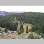 near the end of the Wind River Peak trail, looks down to the Ice Lakes trail